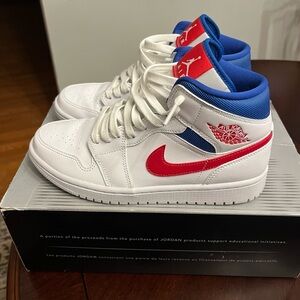 Nike Air Jordan 1 Mid Sneakers – White/Red/Blue Classic Style